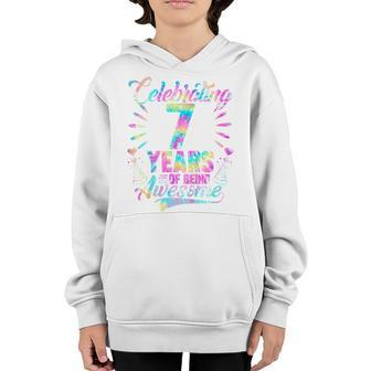 Kids Celebrating 7 Year Of Being Awesome With Tie-Dye Graphic Youth Hoodie | Mazezy
