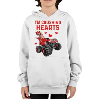 Kids Crush Hearts T Rex Monster Truck Toddler Boys Valentines Day Youth Hoodie - Seseable