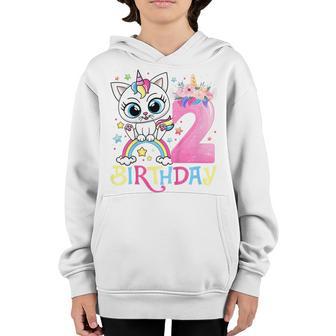 Kids Cute Cat Unicorn Face Floral 2 Year Old 2Nd Birthday Girls Youth Hoodie - Thegiftio UK