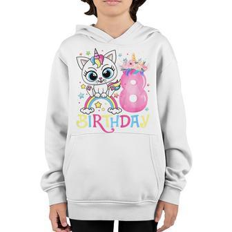 Kids Cute Cat Unicorn Face Floral 8 Year Old 8Th Birthday Girls Youth Hoodie - Thegiftio UK