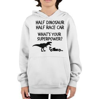 Kids Funny Dinosaur And Race Car Design Youth Hoodie - Seseable