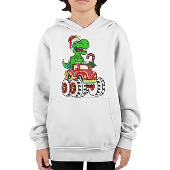 Kids Funny Dinosaur Monster Truck Christmas T Rex Xmas Pajamas Youth Hoodie - Thegiftio UK