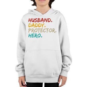Kids Husband Daddy Protector Hero Fathers Day Retro For Dad Youth Hoodie - Thegiftio UK