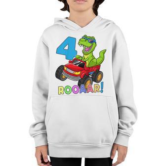 Kids Its My 4Th Birthday 4 Year Old Dinosaur Monster Car Truck Youth Hoodie - Thegiftio UK