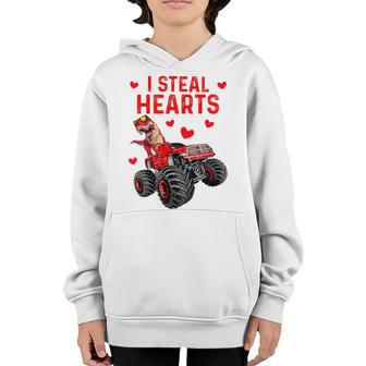 Kids Steal Hearts T Rex Monster Truck Toddler Boys Valentines Day Youth Hoodie - Seseable