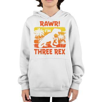 Kids Three Rex Birthday Party Outfit Dinosaur 3 Year Old Boy Youth Hoodie | Mazezy