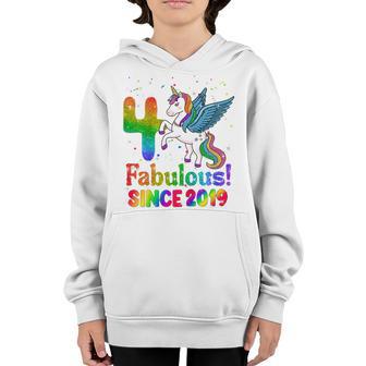Kids Unicorn 4 Years Old Fabulous Since 2019 4Th Birthday Girls V2 Youth Hoodie - Thegiftio UK