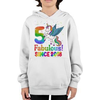 Kids Unicorn 5 Years Old Fabulous Since 2018 5Th Birthday Girls V2 Youth Hoodie - Thegiftio UK