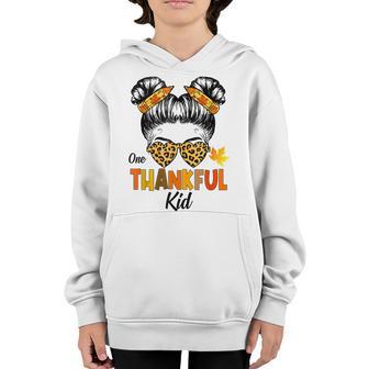 Messy Bun Girl One Thankful Kid Thanksgiving Autumn Leopard Youth Hoodie - Thegiftio UK