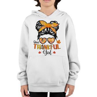 One Thankful Girl Thanksgiving Daughter Messy Bun Fall Girls V3 Youth Hoodie - Thegiftio UK