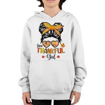 One Thankful Girl Thanksgiving Daughter Messy Bun Fall Girls V8 Youth Hoodie - Thegiftio UK