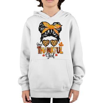 One Thankful Girl Thanksgiving Messy Bun Leopard Fall Autumn V2 Youth Hoodie - Thegiftio UK