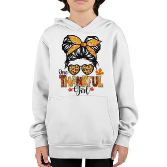 One Thankful Girl Thanksgiving Messy Bun Leopard Fall Autumn V4 Youth Hoodie - Thegiftio UK