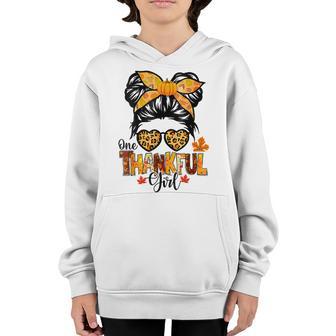 One Thankful Girl Thanksgiving Messy Bun Leopard Fall Autumn V5 Youth Hoodie - Thegiftio UK