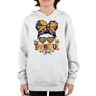 One Thankful Girl Thanksgiving Messy Bun Leopard Fall Autumn V6 Youth Hoodie - Thegiftio UK