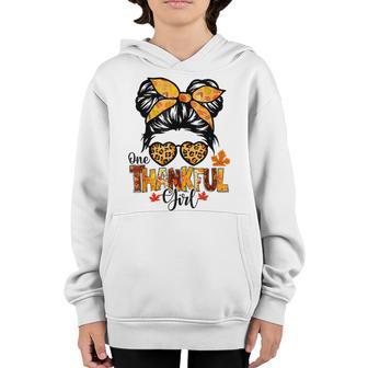 One Thankful Girl Thanksgiving Messy Bun Leopard Fall Autumn V8 Youth Hoodie - Thegiftio UK
