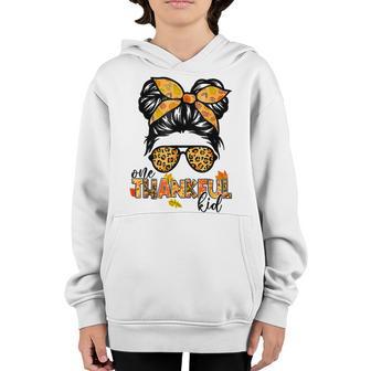 One Thankful Kid Messy Bun Funny Fall Autumn Thanksgiving Youth Hoodie - Thegiftio UK