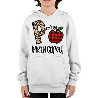 P Is For Principal Leopard Plaid Funny Back To School Gift Youth Hoodie - Thegiftio UK