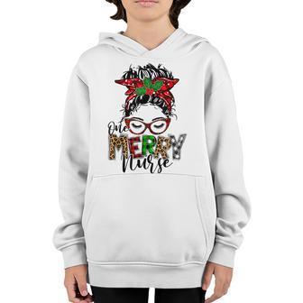 Red Plaid One Merry School Nurse Messy Bun Christmas Pajamas Youth Hoodie - Thegiftio UK