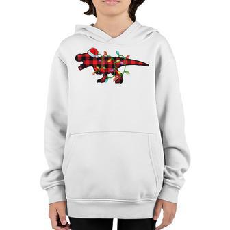 Red Plaid T Rex Dinosaur Christmas Lights Pajamas Kids Xmas Youth Hoodie - Thegiftio UK