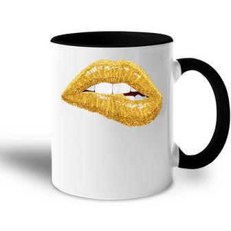Gold Lips Biting Lipstick Makeup Gift For Womens Accent Mug | Mazezy