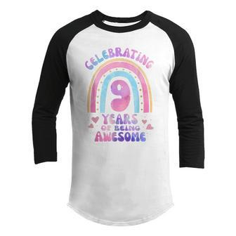 9Th Birthday Girl Tie Dye 9 Years Of Being Awesome Bday Youth Raglan Shirt - Thegiftio UK