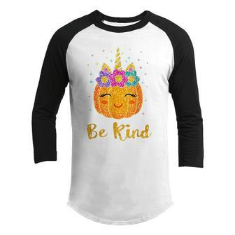 Be Kind Cute Pumpkin Unicorn Orange Unity Day Girl Kids Youth Raglan Shirt - Thegiftio UK
