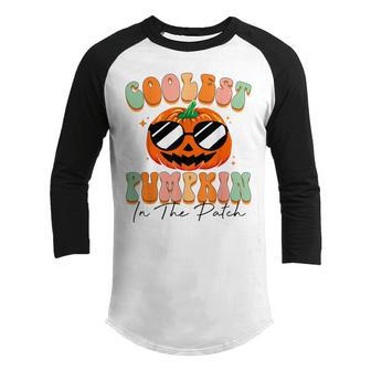 Coolest Pumpkin In The Patch Boys Retro Groovy Halloween V2 Youth Raglan Shirt - Thegiftio UK