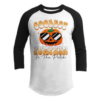 Coolest Pumpkin In The Patch Boys Retro Groovy Halloween V3 Youth Raglan Shirt - Thegiftio UK