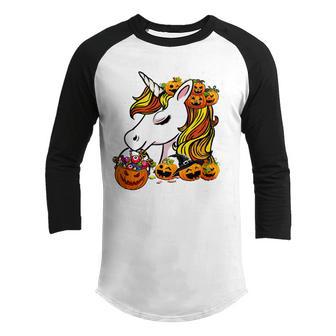 Cute Candy Corn Unicorn Halloween Pumpkin Men Women Kids Youth Raglan Shirt - Thegiftio UK