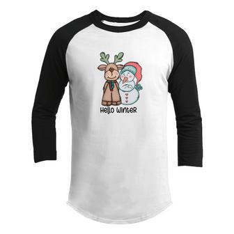 Cute Christmas Deer Snowman Hello Winter Youth Raglan Shirt - Thegiftio UK