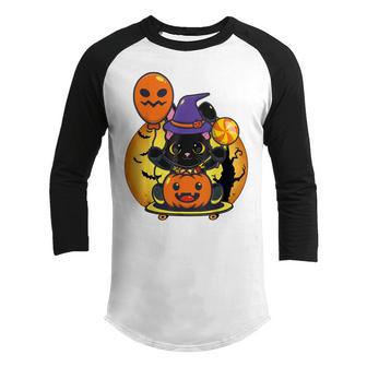 Cute Halloween Black Cat Witch Hat Pumpkin For Kids Girls V5 Youth Raglan Shirt - Thegiftio UK