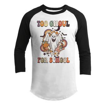 Cute Halloween Teacher School Ghouls Groovy Trick Or Teach Youth Raglan Shirt - Thegiftio UK