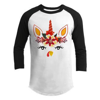 Cute Turkey Unicorn Face Flower Thanksgiving Pilgrim Girls Youth Raglan Shirt - Thegiftio UK