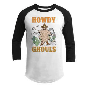 Howdy Ghouls Ghost Cowboy Cactus Desert Halloween Costume Youth Raglan Shirt - Thegiftio UK