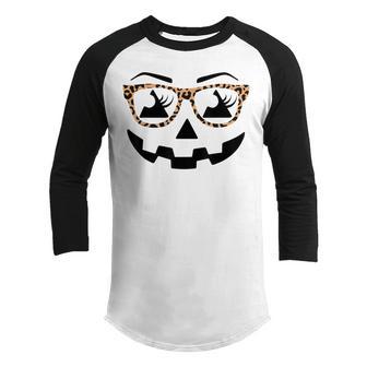 Jack O Lantern Face Pumpkin Halloween Leopard Glasses Girls V2 Youth Raglan Shirt - Thegiftio UK