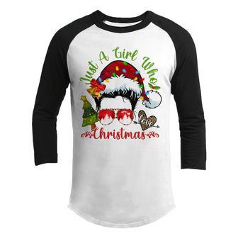 Just A Girl Who Loves Christmas Funny Messy Bun Hair Women Youth Raglan Shirt - Thegiftio UK