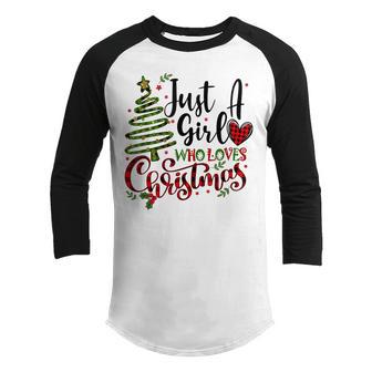 Just A Girl Who Loves Christmas Funny Xmas Buffalo Plaid Red Youth Raglan Shirt - Thegiftio UK