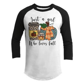Just A Girl Who Loves Fall Pumpin Spice Latte Cute Autumn Youth Raglan Shirt - Thegiftio UK