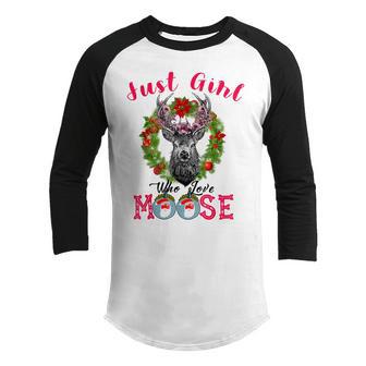 Just Girl Who Love Moose Christmas Pajama Gifts Ns Women Youth Raglan Shirt - Thegiftio UK