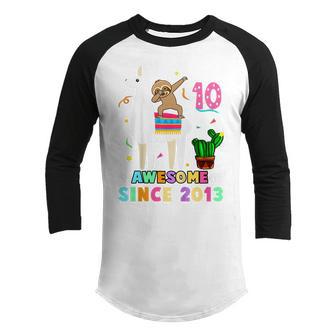 Kids 10 Year Old Dab Sloth Riding Unicorn 2013 10Th Birthday Girl Youth Raglan Shirt - Thegiftio UK