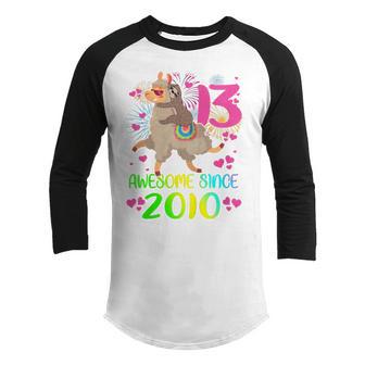 Kids 13 Year Old Sloth Riding Llama Since 2010 13Th Birthday Girl Youth Raglan Shirt - Thegiftio UK