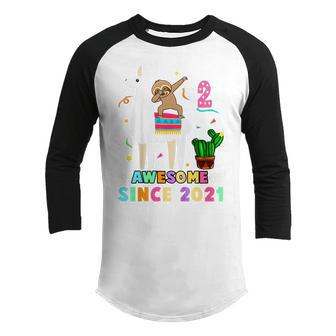 Kids 2 Year Old Dab Sloth Riding Unicorn 2021 2Nd Birthday Girl Youth Raglan Shirt - Thegiftio UK