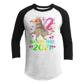Kids 2 Year Old Sloth Riding Llama Since 2021 2Nd Birthday Girl Youth Raglan Shirt - Thegiftio UK