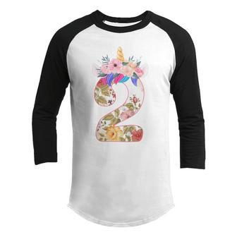 Kids 2 Year Old Unicorn Face Gift 2Nd Birthday Girls Ns Flower Youth Raglan Shirt - Thegiftio UK