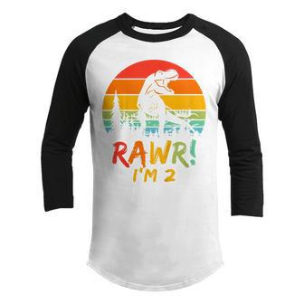Kids 2 Years Old Boy 2Nd Birthday Gift T Rex Dinosaur Rawr I’M 2 Youth Raglan Shirt - Thegiftio UK