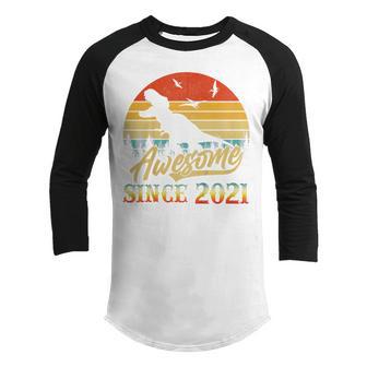 Kids 2Nd Birthday Dinosaur 2 Year Old Awesome Since 2021 Gift Boy Youth Raglan Shirt - Thegiftio UK
