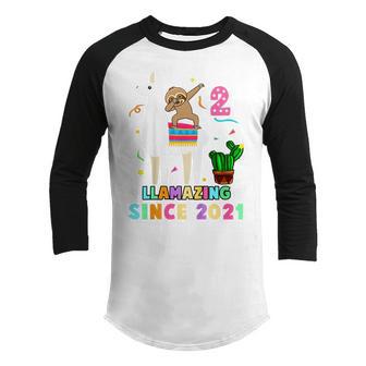 Kids 2Nd Birthday Girl Dab Sloth Riding Unicorn 2021 2 Year Old Youth Raglan Shirt - Thegiftio UK