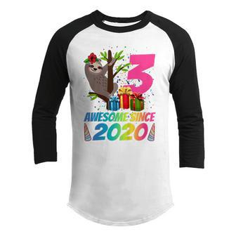 Kids 3 Year Old Sloth Awesome Since 2020 3Rd Birthday N Girls Youth Raglan Shirt - Thegiftio UK