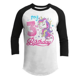 Kids 3 Years Old Unicorn Face 3Rd Birthday Girl Unicorn Party Youth Raglan Shirt - Thegiftio UK